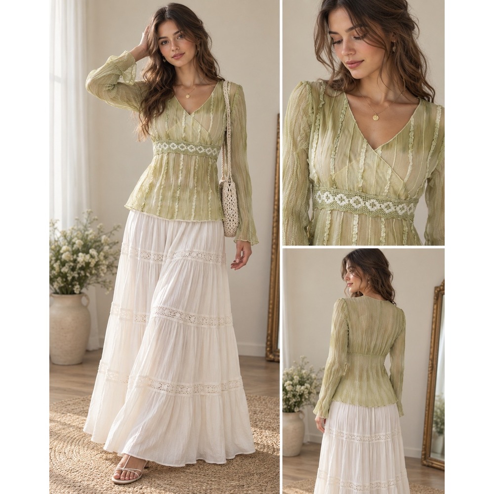 Women's Sage Green Sheer Mesh Crochet Empire Waist Fairycore Y2K Top